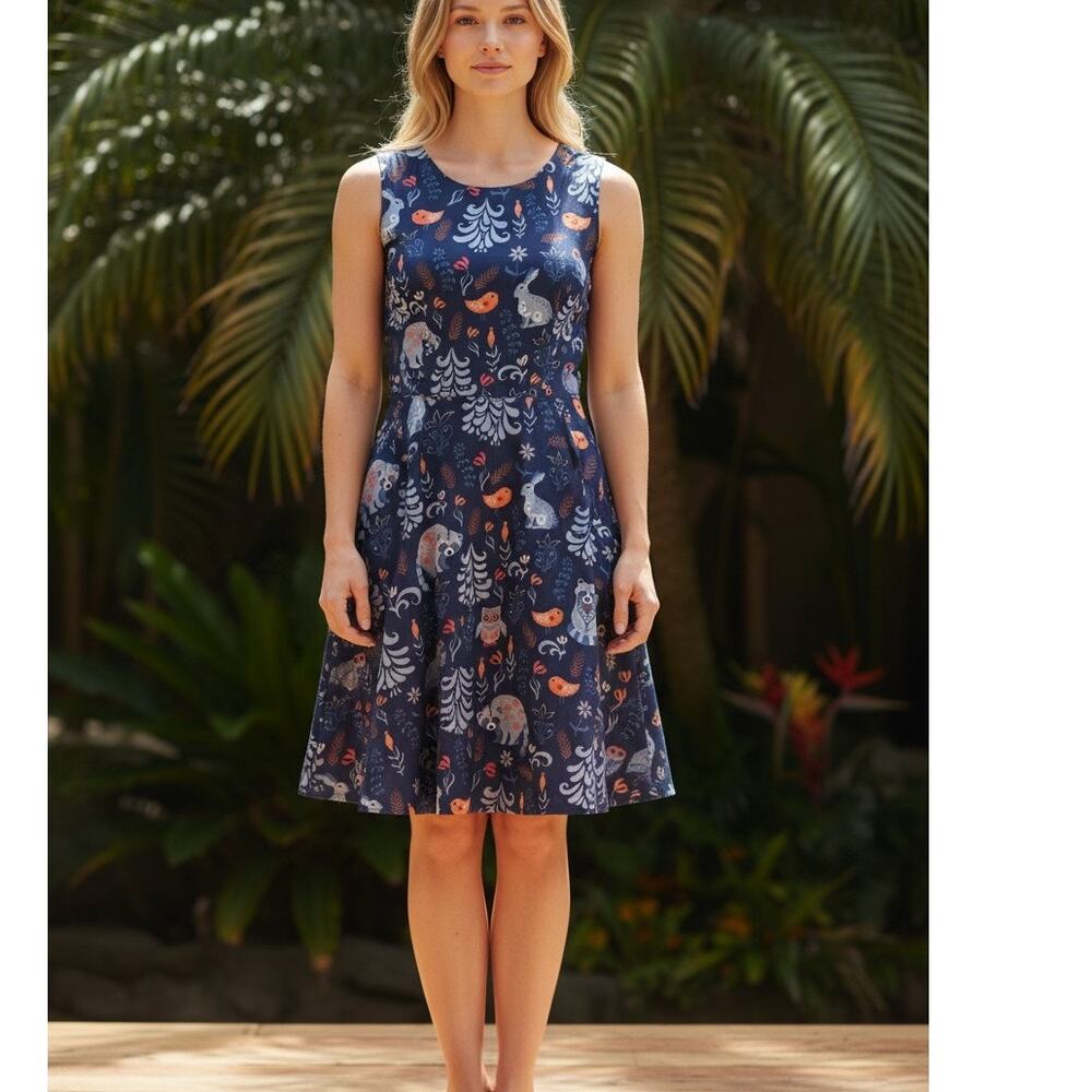 LA Soul Womens Whimsical Woodland Creatures Fit N Flare Dress Size Large Blue
